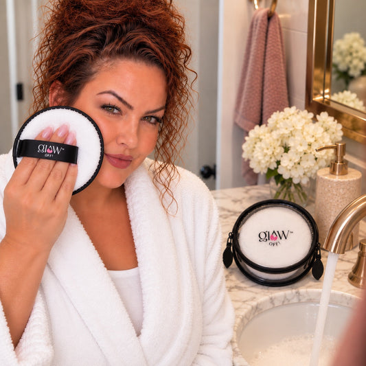 Woman using Glow Off Puff reusable makeup remover with water