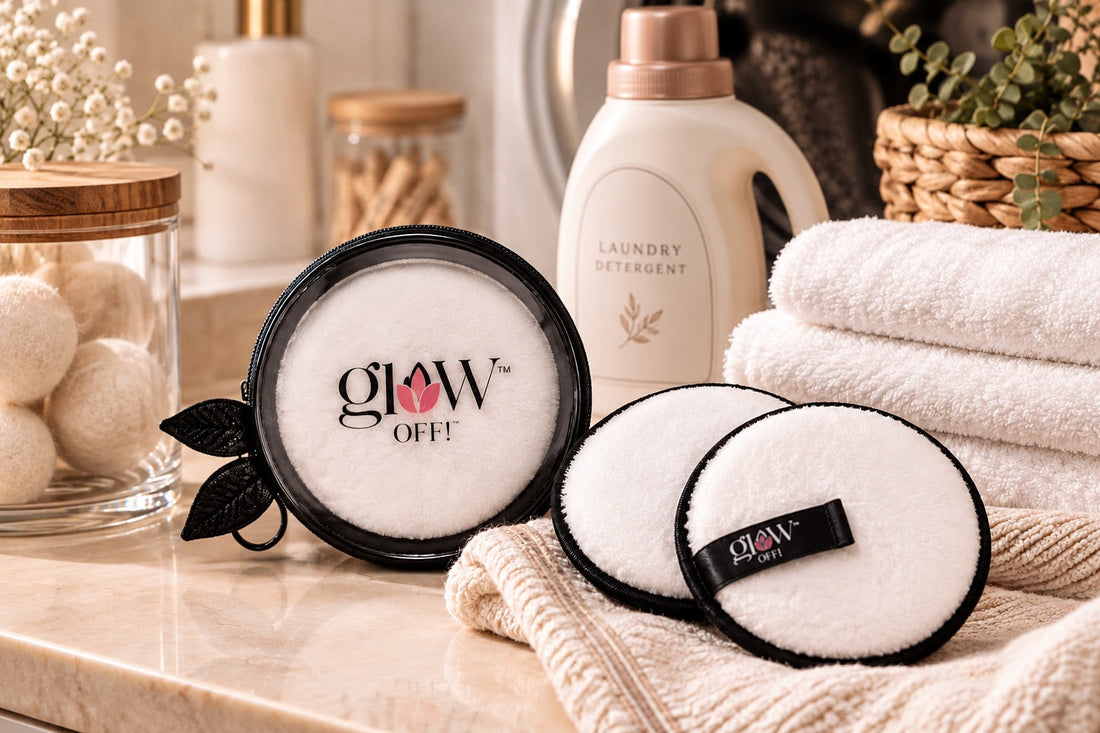 Glow Off Puff reusable makeup remover with laundry detergent and washing machine