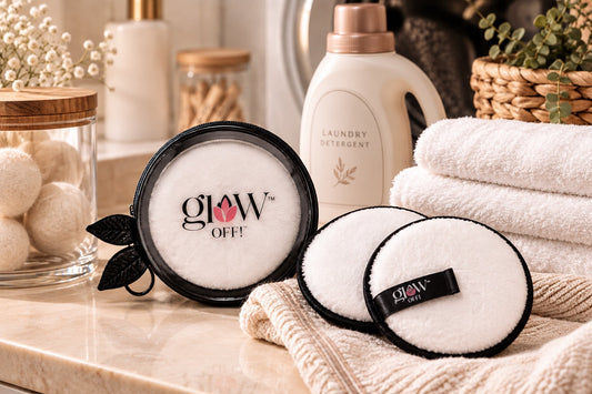 Glow Off Puff reusable makeup remover with laundry detergent and washing machine